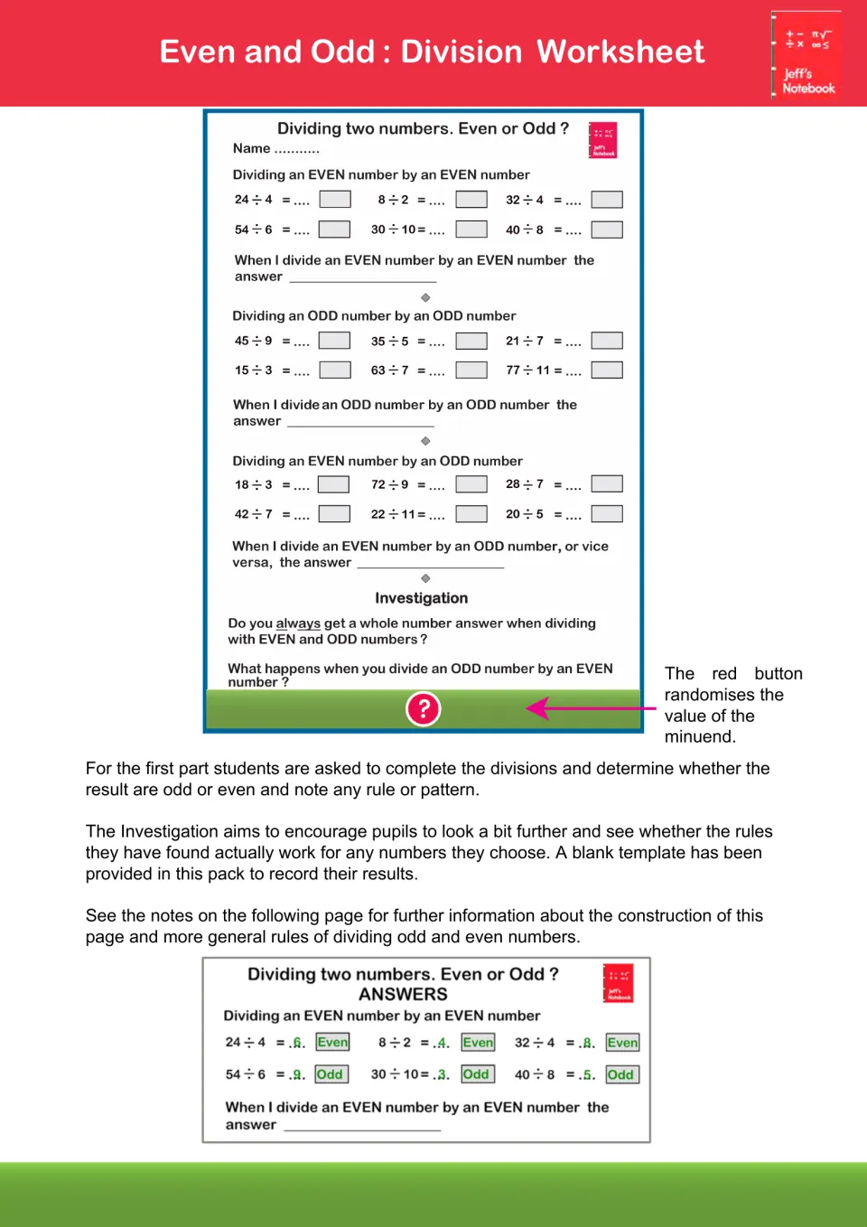 Division worksheet guide: students divide, e.g. 24 ÷ 4, label quotients even or odd, then test odd divided by even