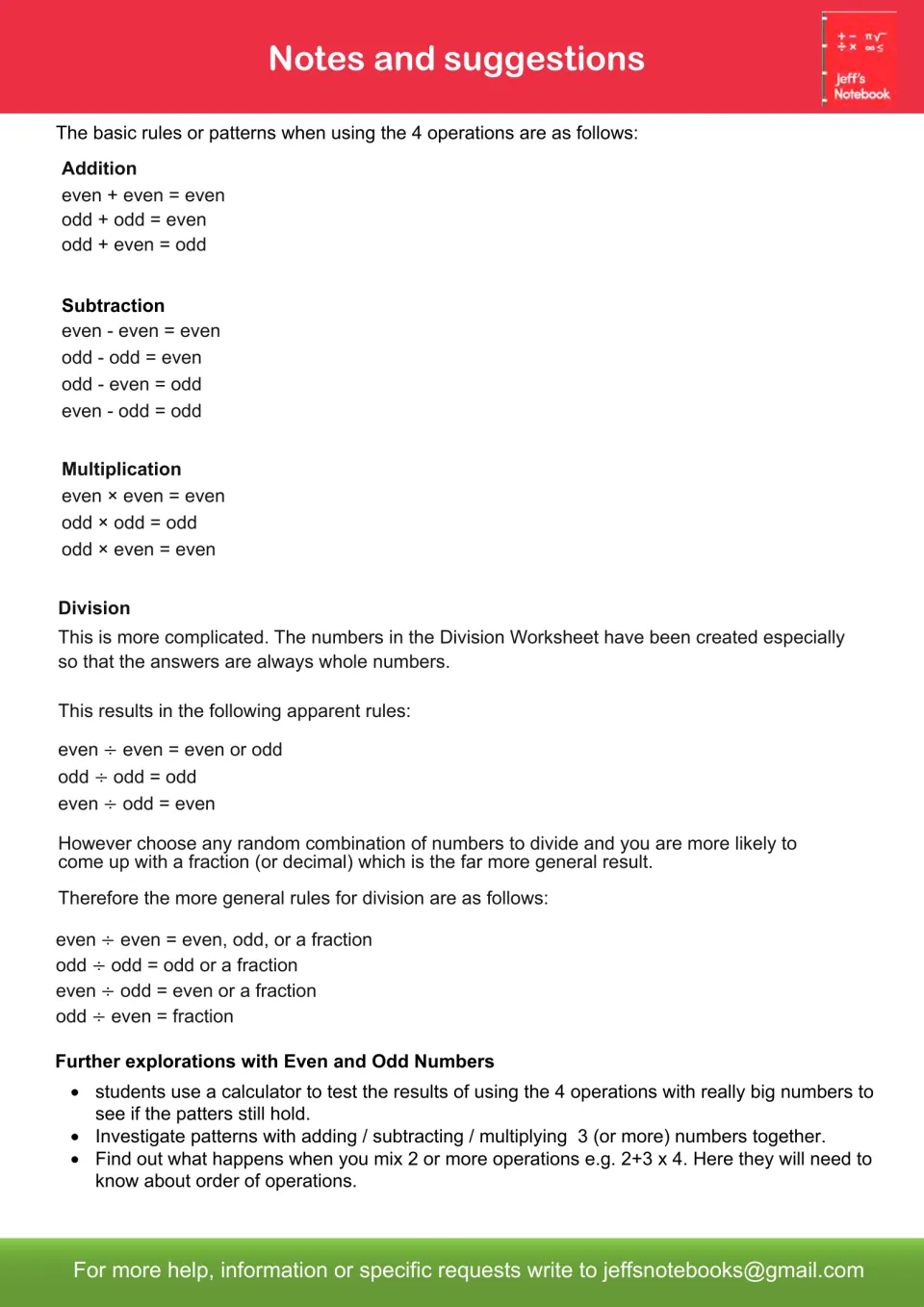 Notes on parity rules for adding, subtracting, multiplying and dividing even and odd numbers, plus exploration ideas