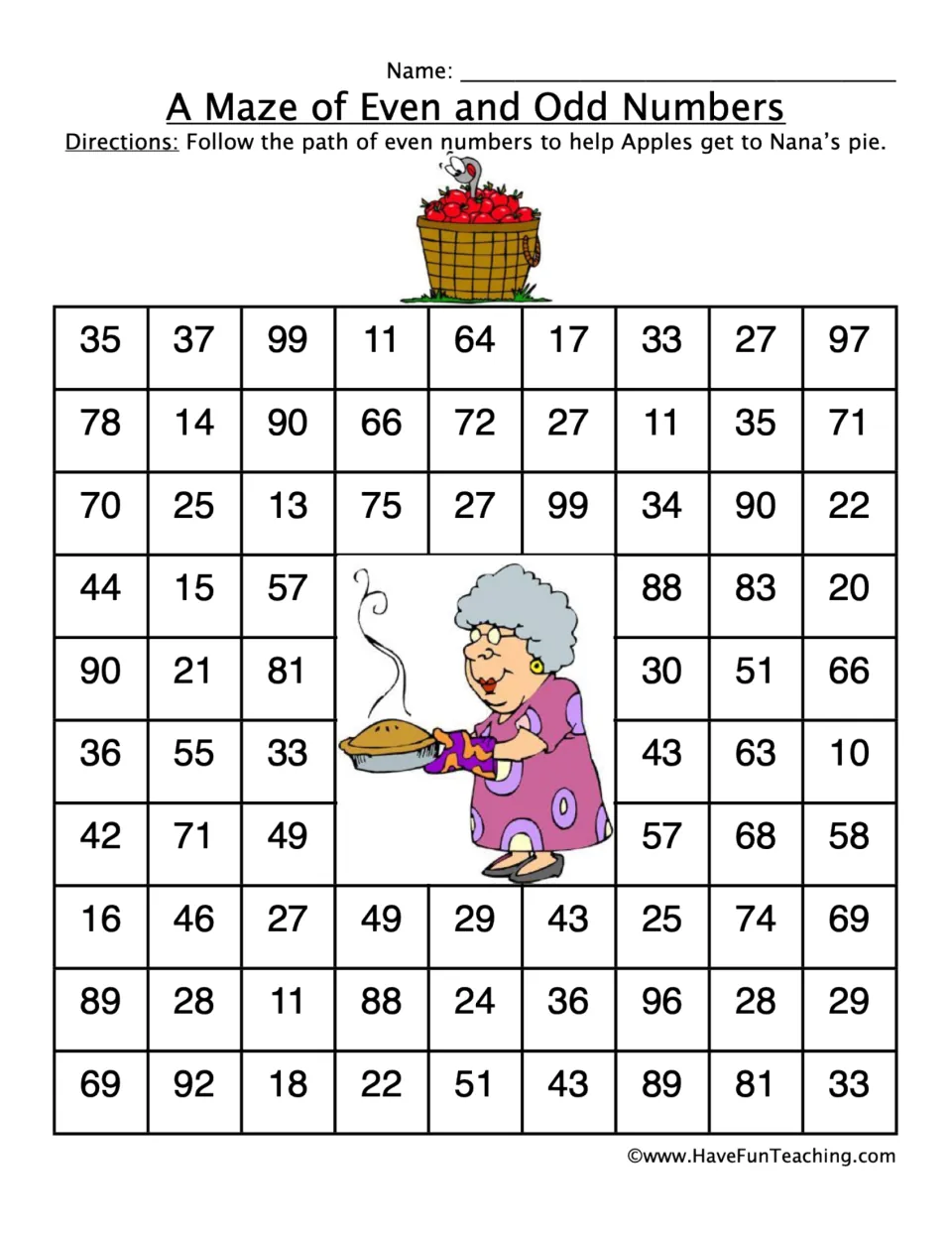 Even number maze practice: follow the even numbers, starting at 64, to help Apples reach Nana's pie.
