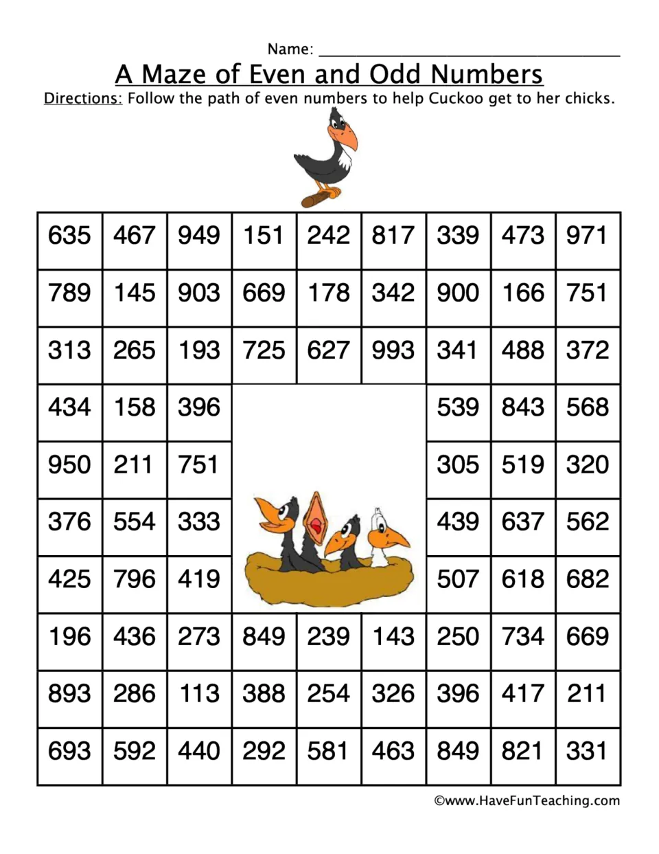 Even number maze: follow 242, 178, 342 and other even numbers to help Cuckoo reach her chicks.