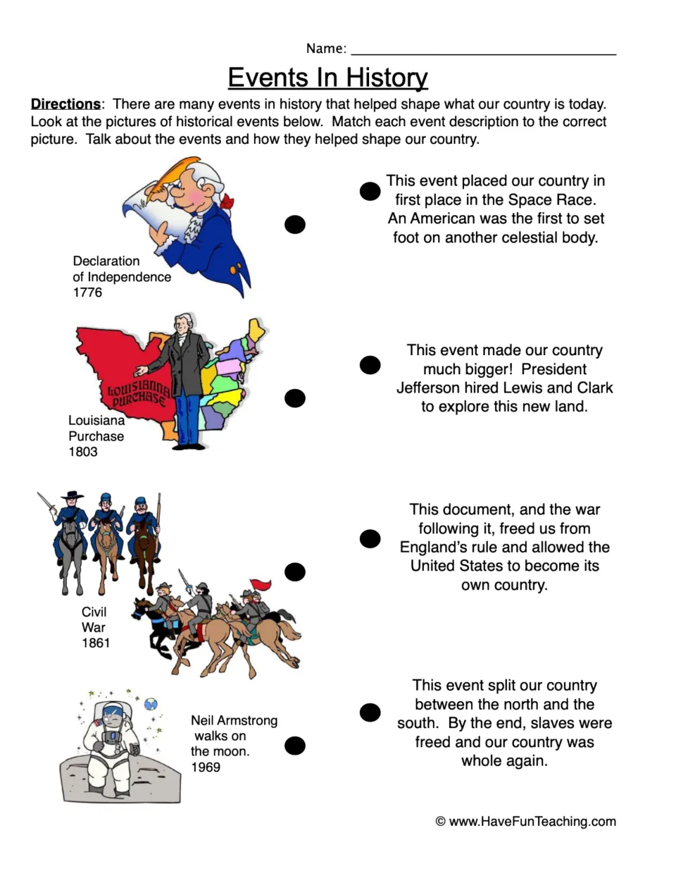 History matching worksheet: Declaration of Independence, Louisiana Purchase, Civil War, and the 1969 moon landing