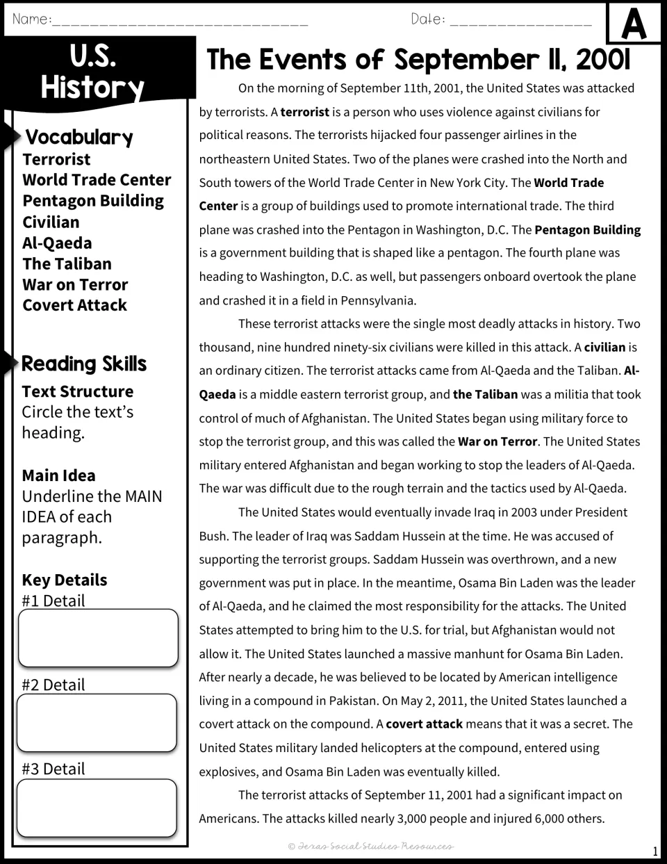 September 11, 2001 reading passage A on the hijackings, Al-Qaeda and the War on Terror; students note three key details