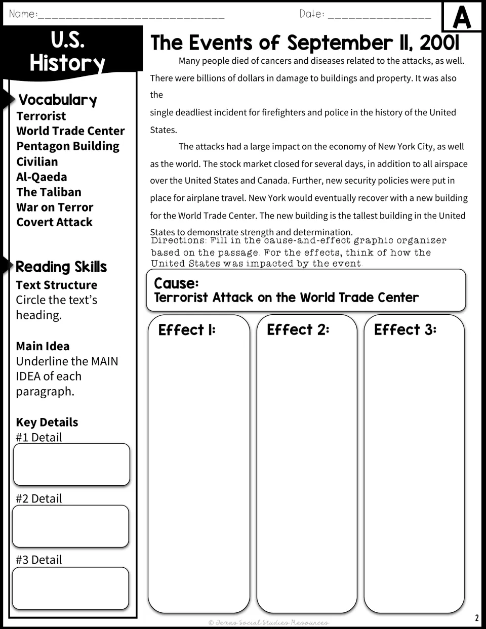 Passage A, part 2, on the attacks' economic impact; students list three effects in a cause-and-effect organizer