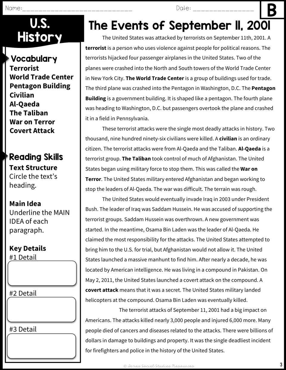 Passage B, a shorter-sentence retelling of the 9/11 attacks and the War on Terror, with vocabulary and key detail notes