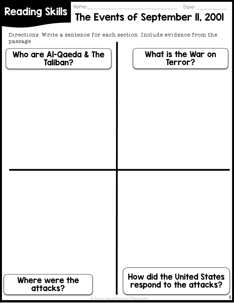 9/11 evidence chart: students write a sentence on Al-Qaeda, the War on Terror, the attack sites and the U.S. response