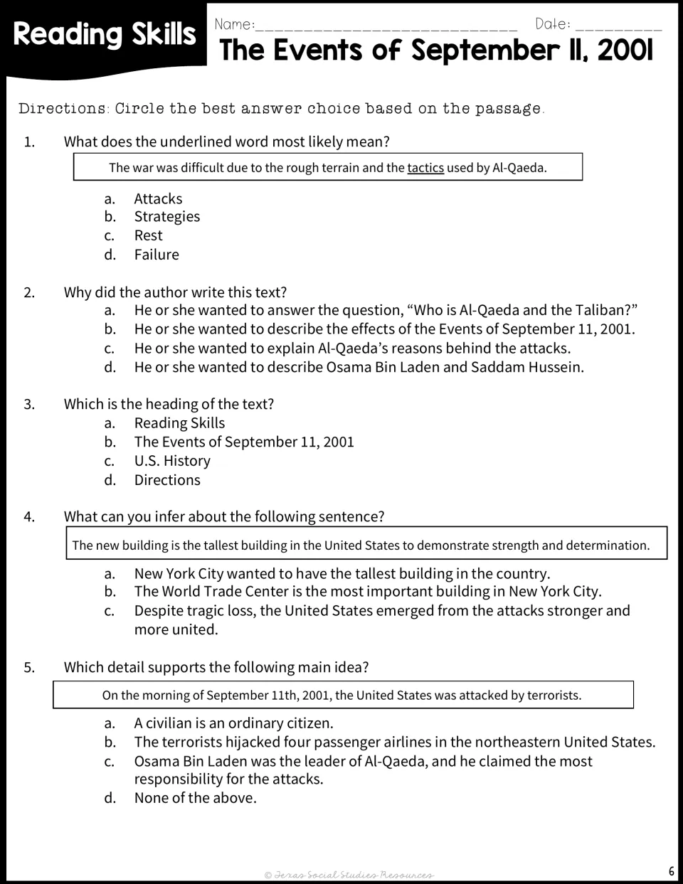 Reading skills quiz on the 9/11 passage: five multiple-choice items on word meaning, author's purpose and inference
