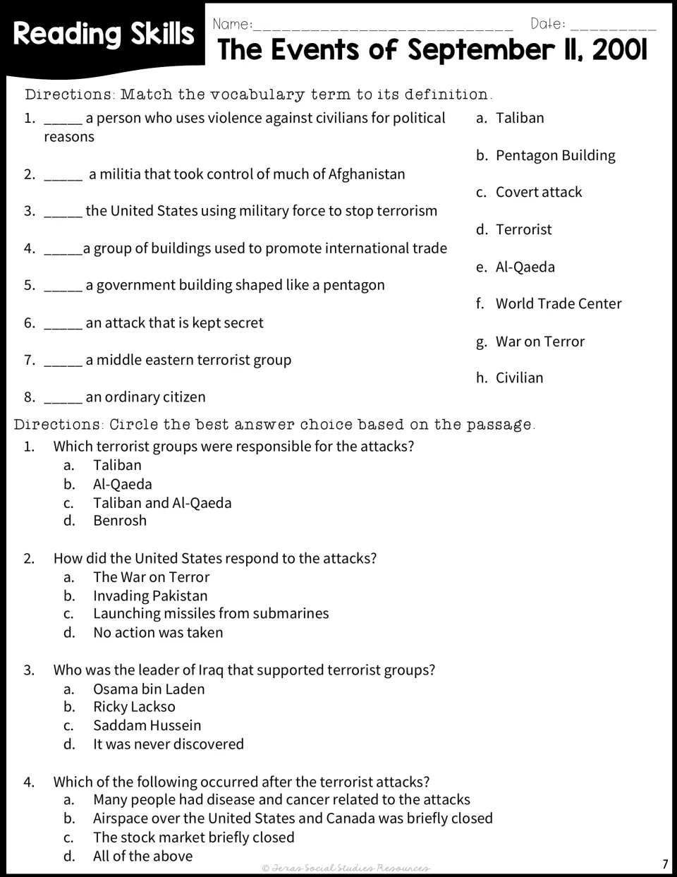 9/11 vocabulary matching for eight terms like Taliban and covert attack, then four multiple-choice content questions