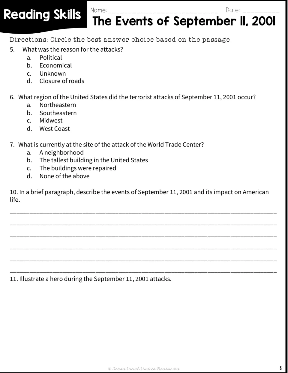 September 11 comprehension questions 5 to 7, a paragraph on the attacks' impact on American life and a hero illustration