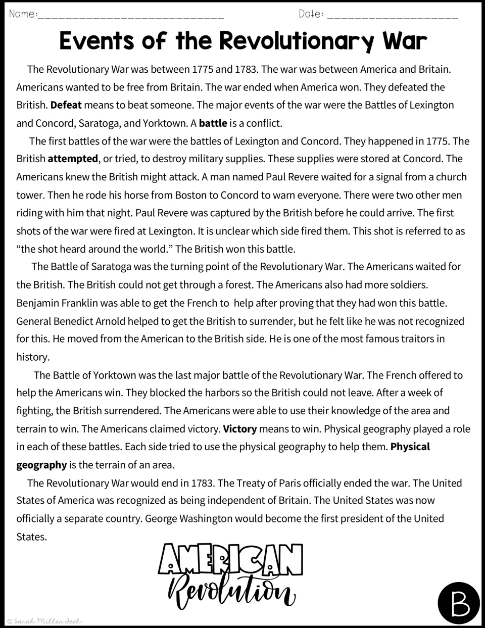 Reading passage B covers Lexington and Concord, Saratoga, Yorktown, and the Treaty of Paris in simpler sentences