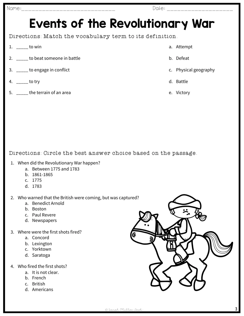 Vocabulary matching and questions 1–4 review war dates, Paul Revere, Lexington, and who fired the first shots