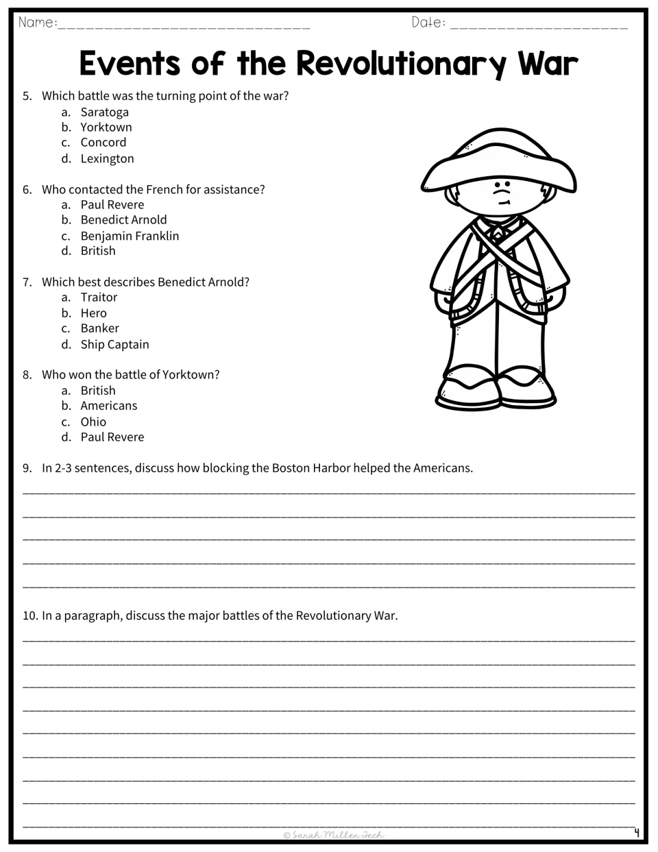 Questions 5–10 cover Saratoga, Franklin, Arnold, Yorktown, and written responses about harbors and major battles