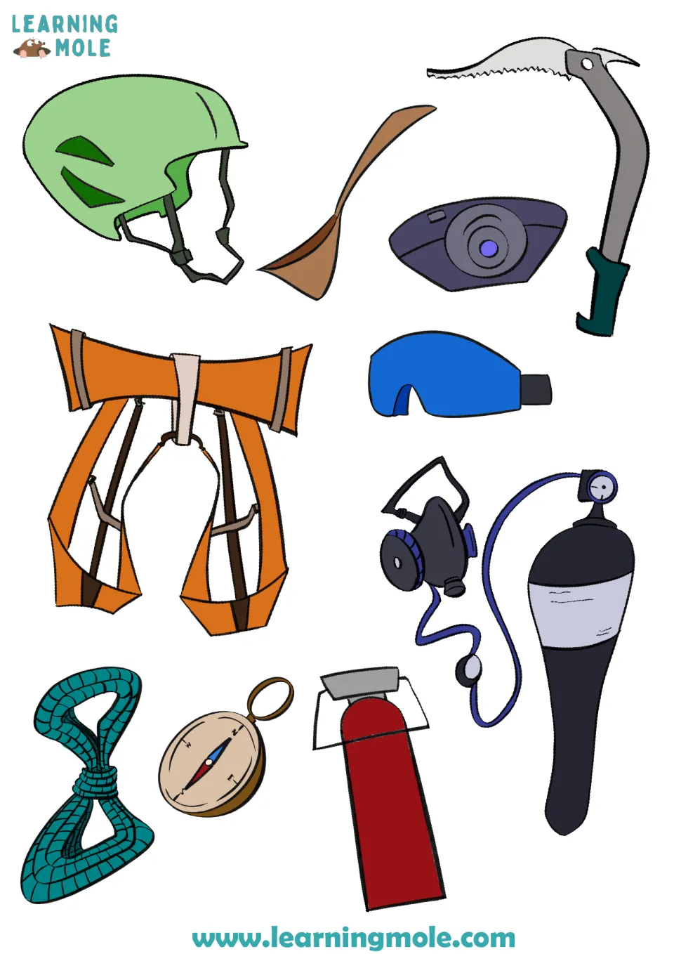 Climbing gear cut-outs: helmet, ice axe, harness, goggles, headlamp, rope, compass, oxygen mask and tank for the backpack