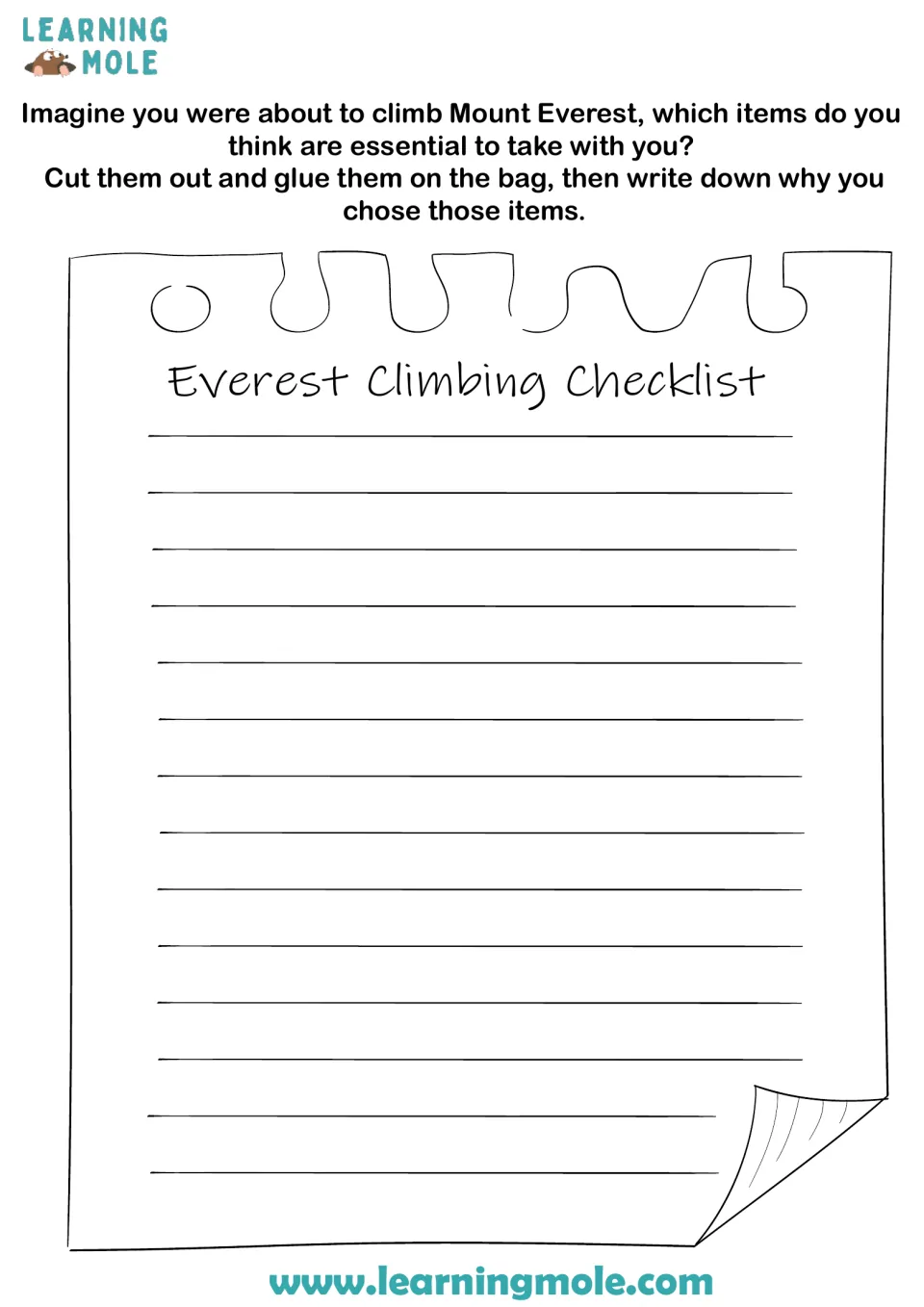 Everest Climbing Checklist: students write why they chose each essential item to take on a Mount Everest climb