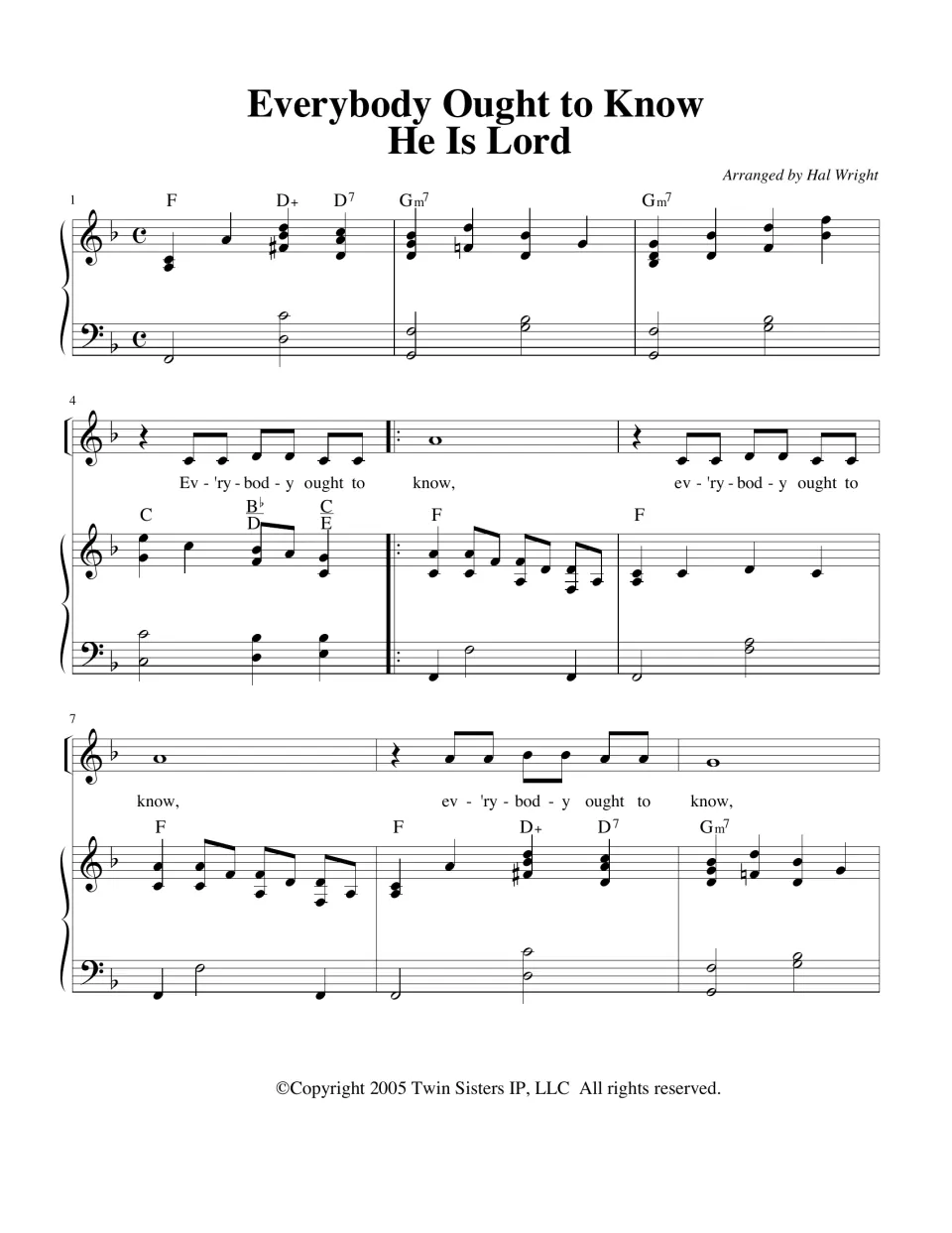 Everybody Ought to Know / He Is Lord piano-vocal score, measures 1-9: piano intro in F and opening refrain with chords