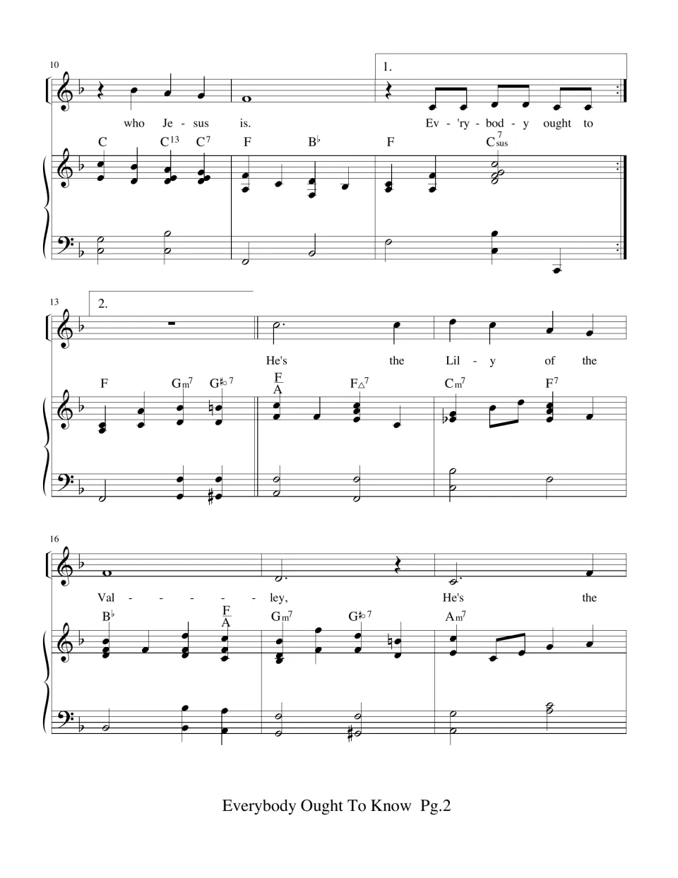 Piano-vocal score, measures 10-18: first and second endings, then verse lyrics "He's the Lily of the Valley" with chords