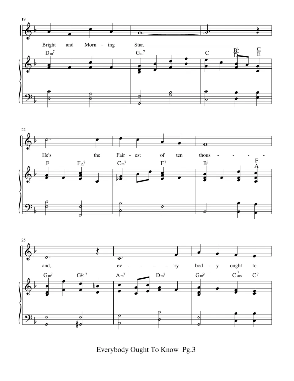 Score measures 19-27: verse lyrics "Bright and Morning Star" and "Fairest of ten thousand" leading back to the refrain