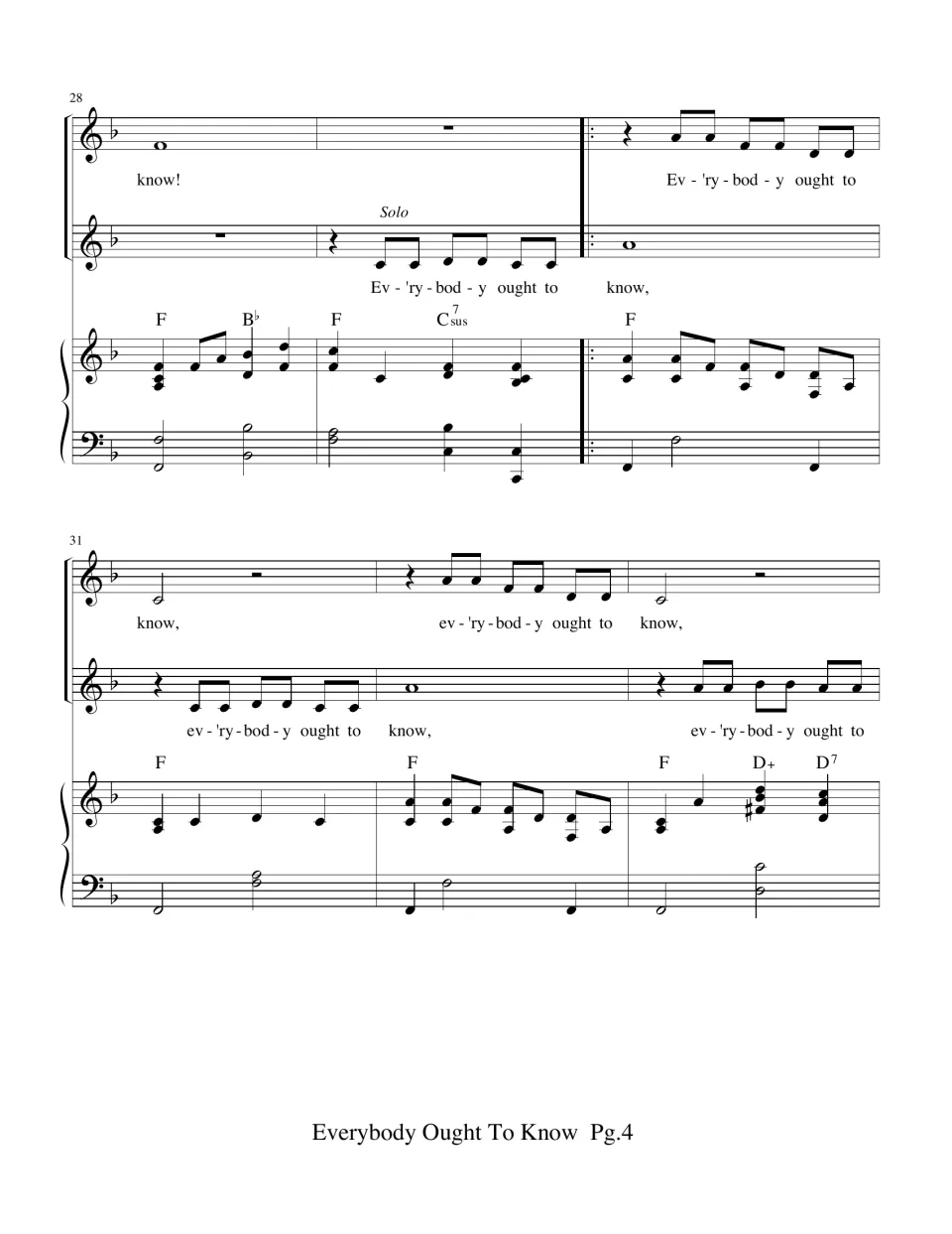 Measures 28-33: refrain returns with a second Solo vocal line echoing the melody over F major piano accompaniment