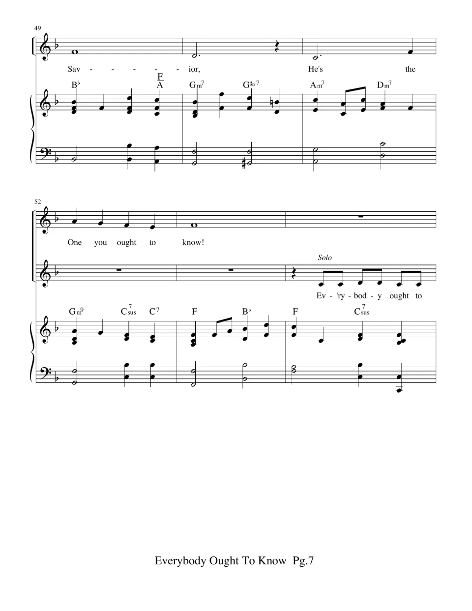 Measures 49-54: verse ends "Savior, He's the One you ought to know!" before the solo line starts the final refrain