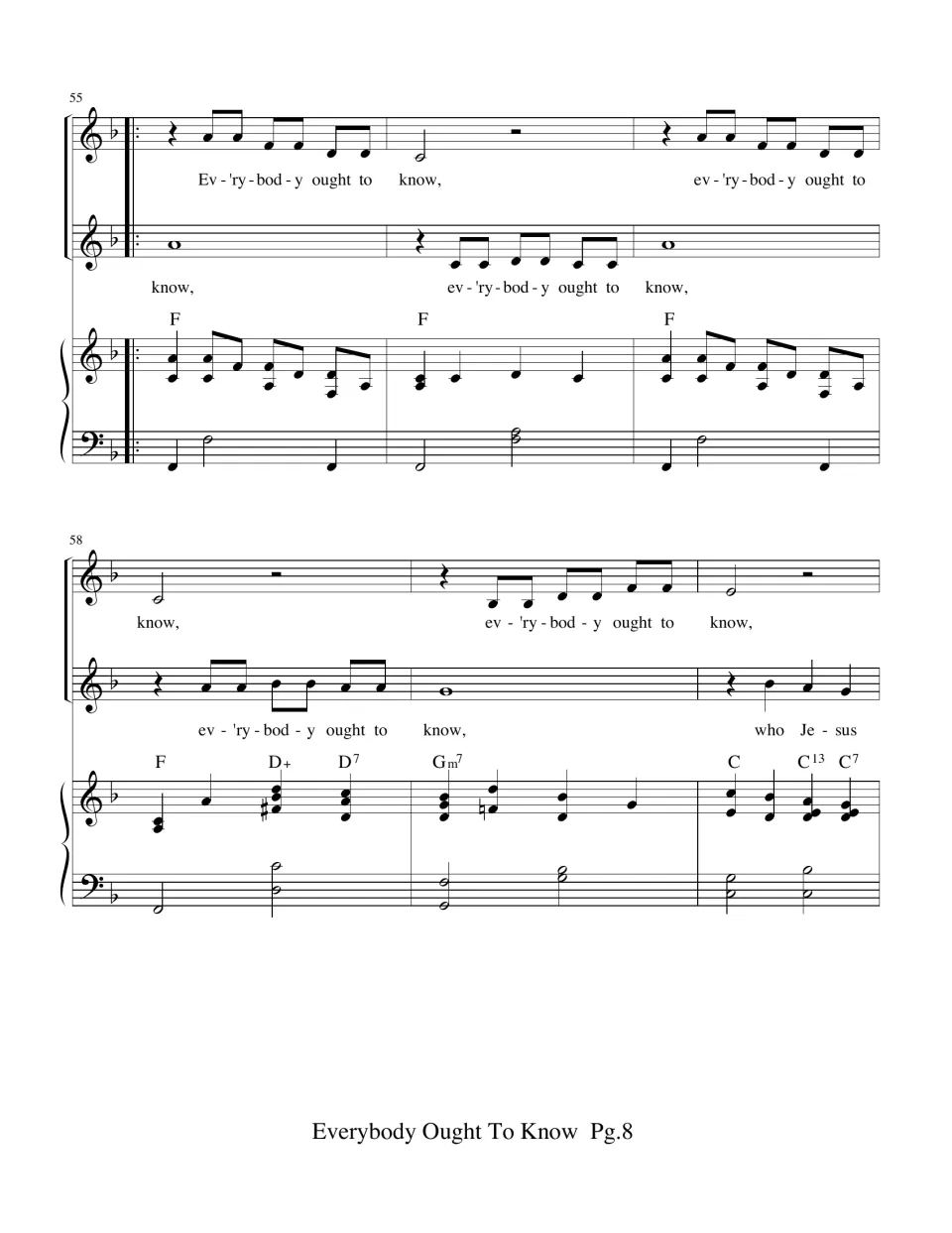 Measures 55-60: repeated refrain with melody and solo parts overlapping on "ought to know" above F, D7 and Gm7 chords