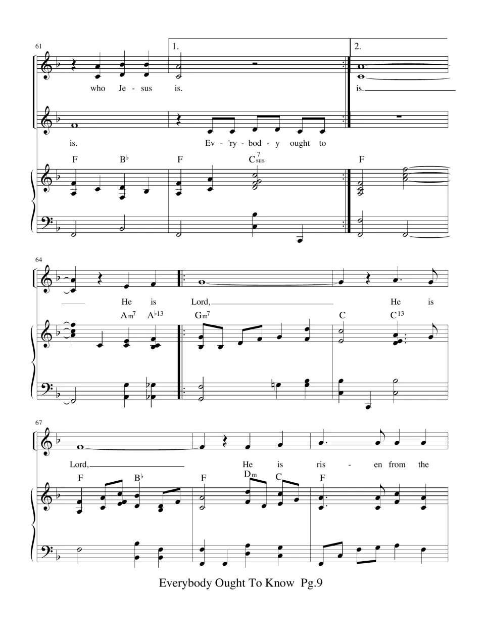 Measures 61-69: second ending closes the refrain, then a new section sings "He is Lord, He is risen from the"