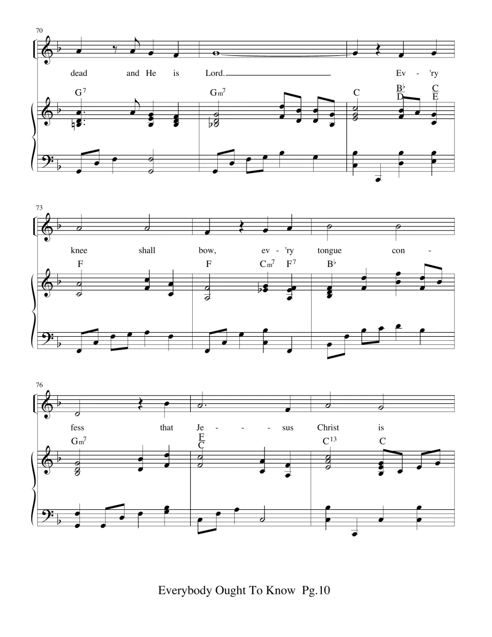 Measures 70-78: closing lyrics "every knee shall bow, every tongue confess that Jesus Christ is" with piano chords