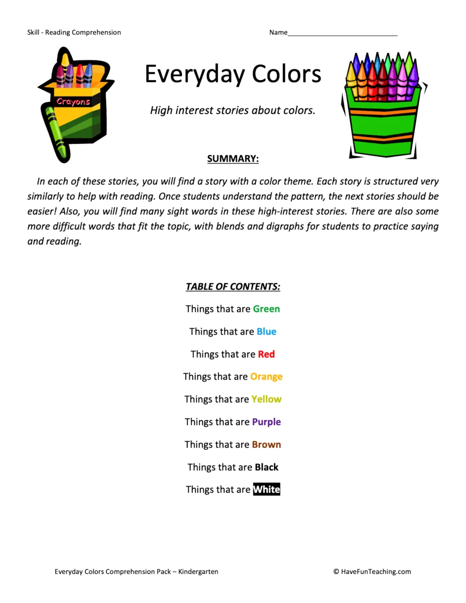 Everyday Colors title page: summary of patterned color stories with sight words and a contents list of nine colors