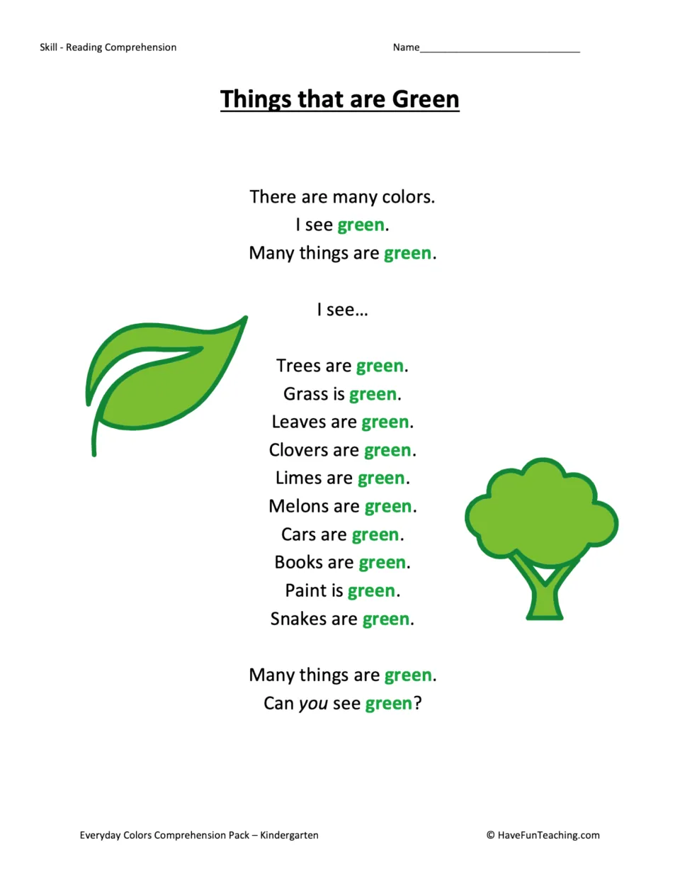 Things that are Green story: repeating 'I see' sentences naming green things like trees, grass, limes, melons and snakes