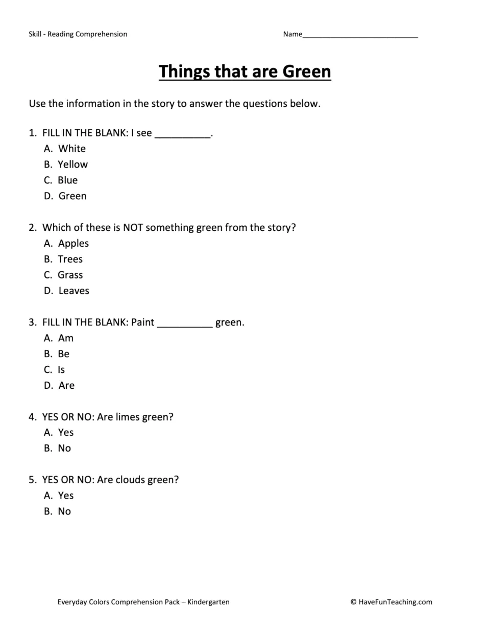 Green story quiz: five multiple-choice questions with fill-in-the-blank and yes-or-no items about things that are green