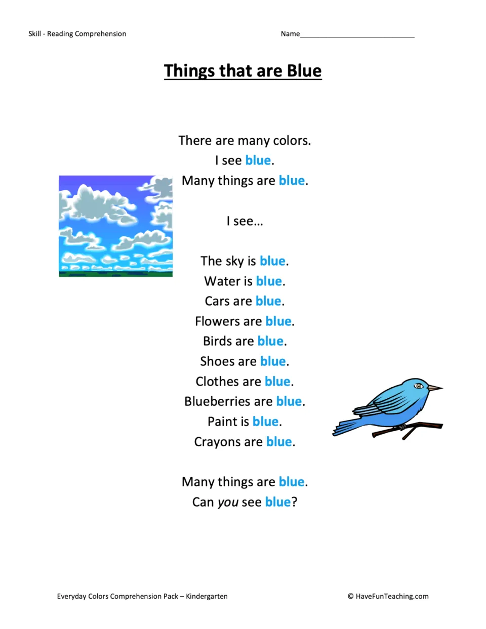 Things that are Blue story: patterned sentences naming blue things such as the sky, water, birds, shoes and blueberries