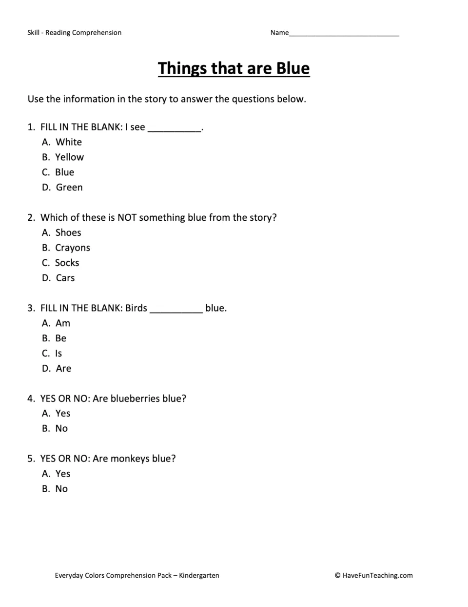 Blue story quiz: students answer five items, choosing is or are and deciding if blueberries or monkeys are blue