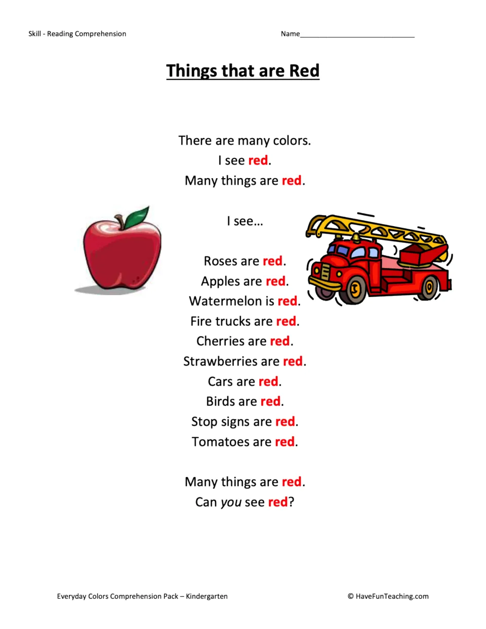 Things that are Red story: repeated sentences listing red things including roses, apples, fire trucks and stop signs