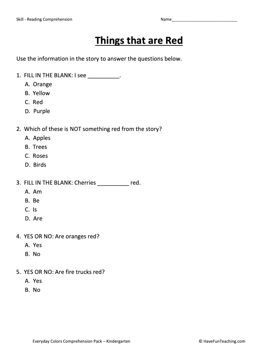 Red story quiz: students pick the color, find what is not red, and say if oranges or fire trucks are red