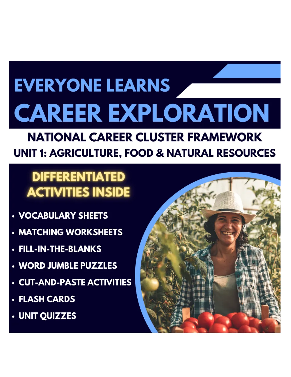 Career exploration cover for Unit 1 agriculture, food and natural resources, listing vocab, matching, jumbles and quizzes