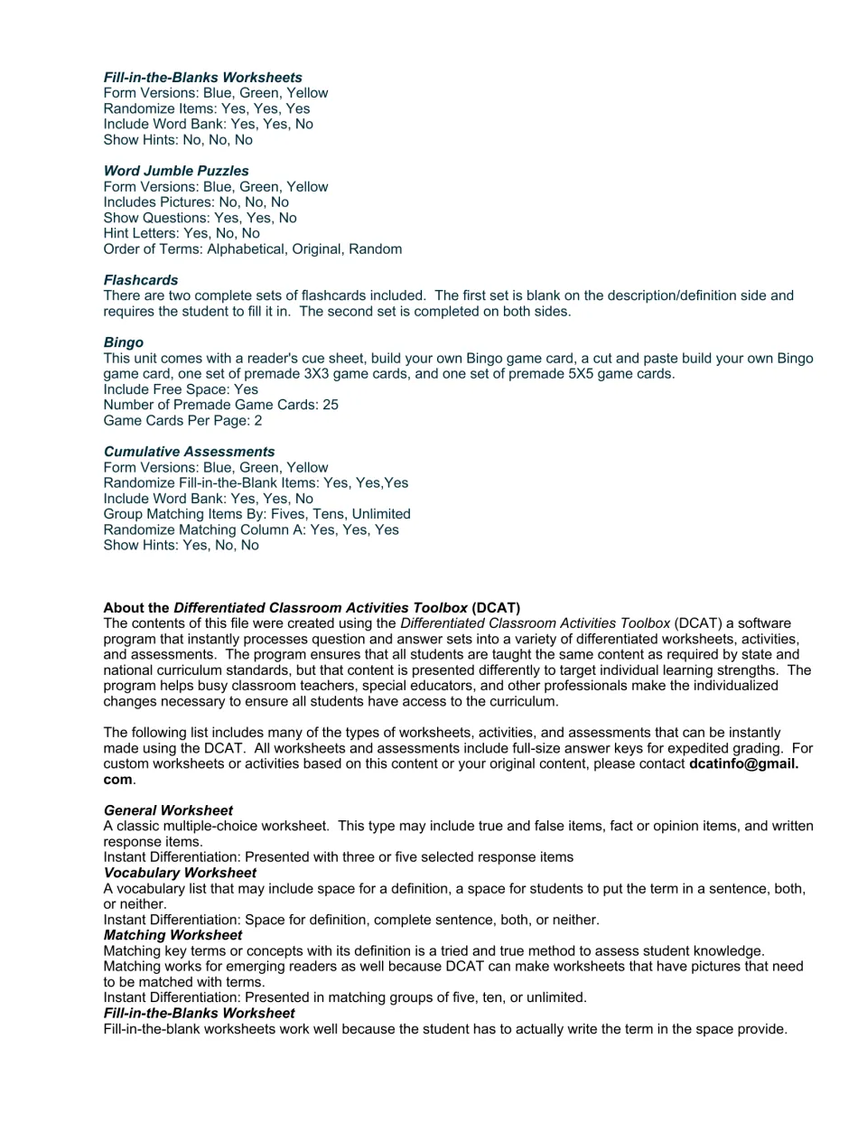 Settings for fill-in-the-blank, word jumble, flashcard, bingo and assessment versions, plus an overview of the DCAT tool