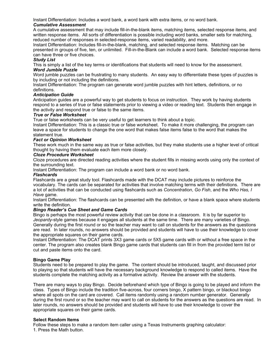 Descriptions of activity types such as anticipation guides and cloze, with bingo game play steps and random caller setup