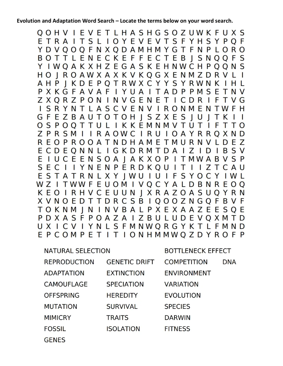 Evolution word search: students find 25 terms such as natural selection, mimicry, genetic drift and Darwin in a letter grid
