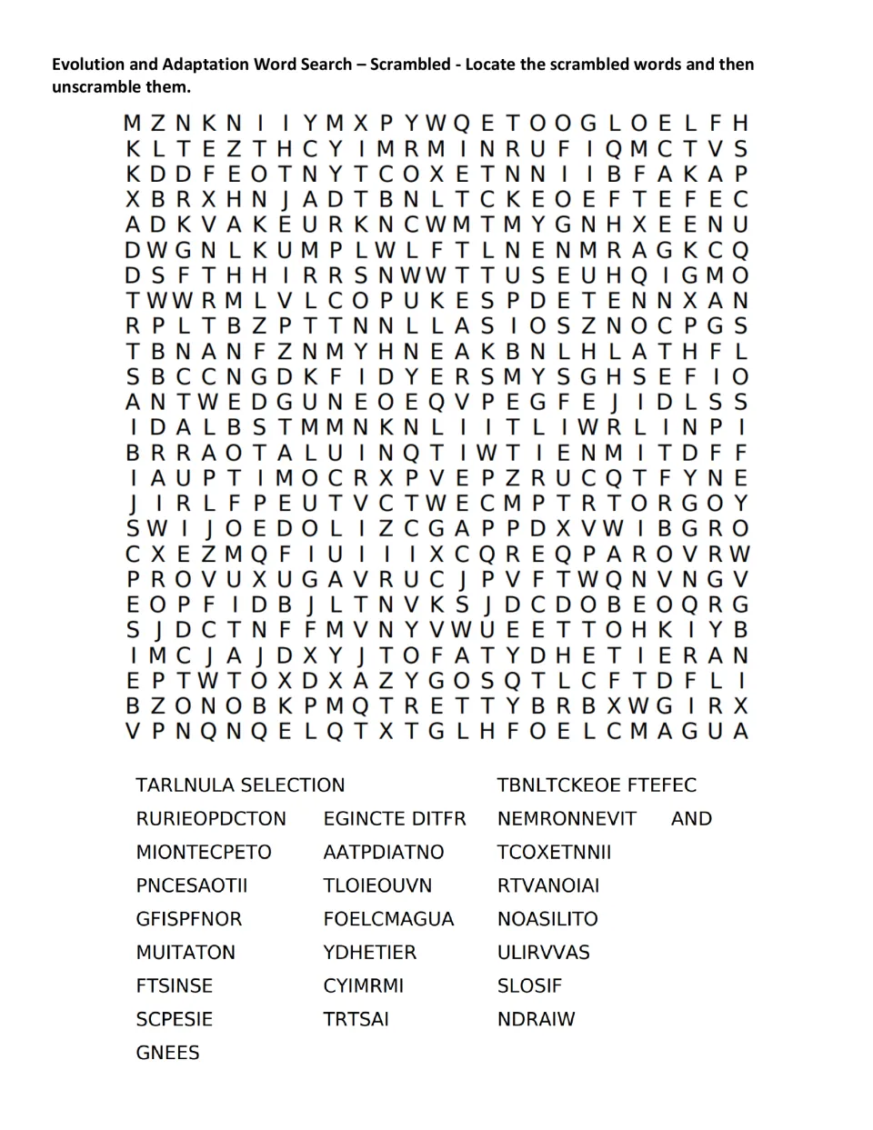 Scrambled evolution word search: students find 25 jumbled terms like TLOIEOUVN and NDRAIW in the grid, then unscramble them