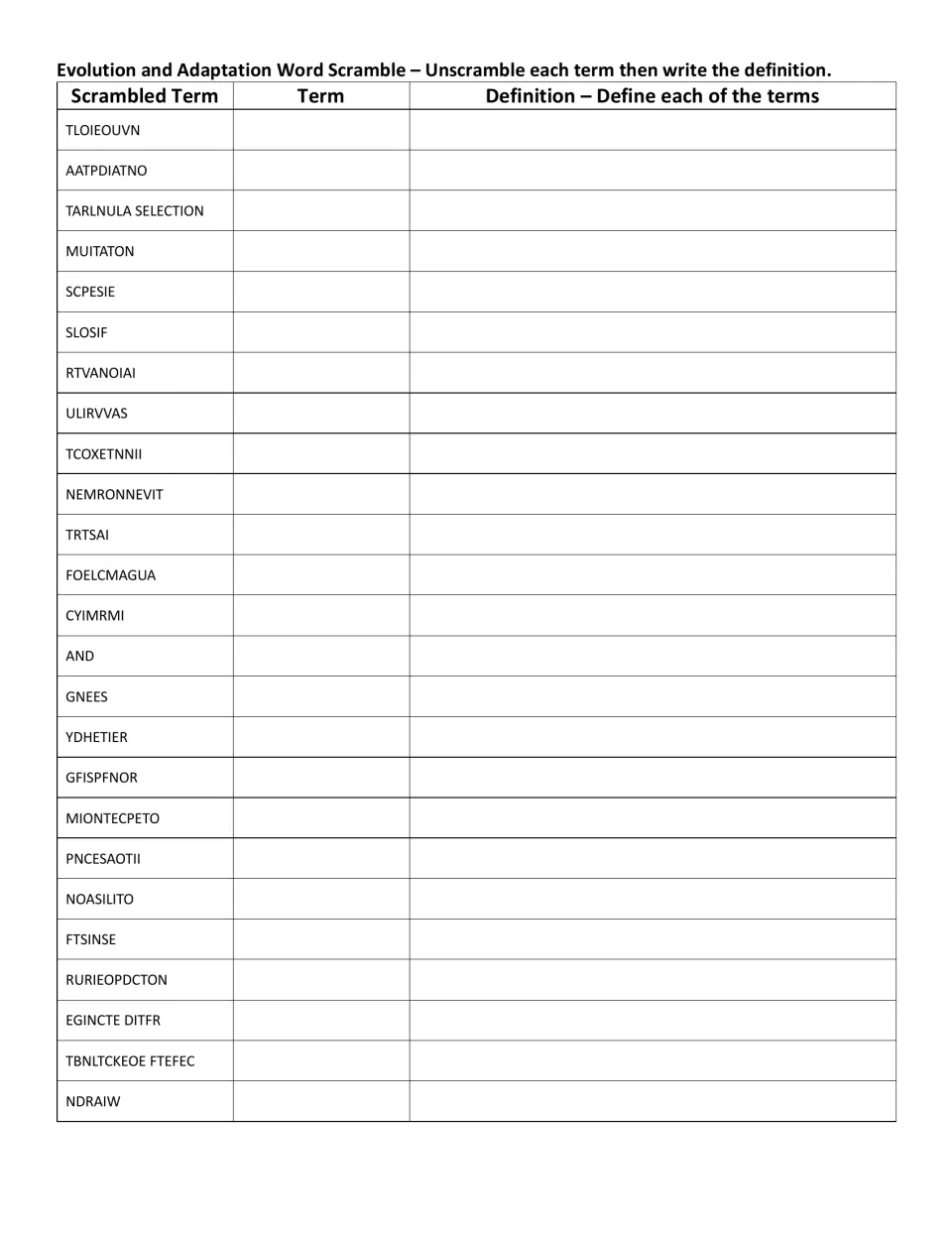 Evolution scramble and define: students unscramble 25 jumbled terms, write each correct word, then define it