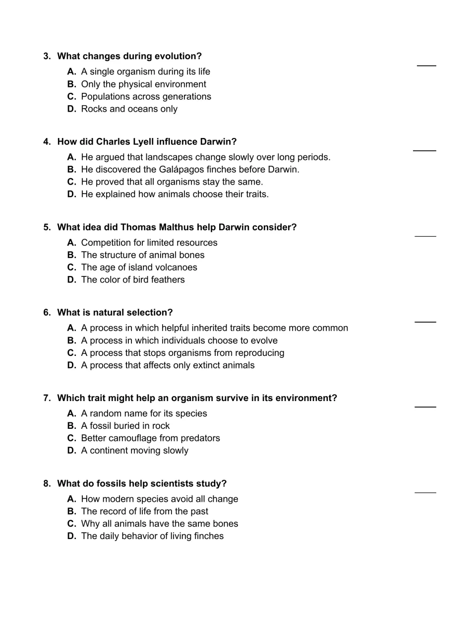 Multiple choice questions 3 to 8 on Lyell, Malthus, natural selection and fossils; students write the best letter