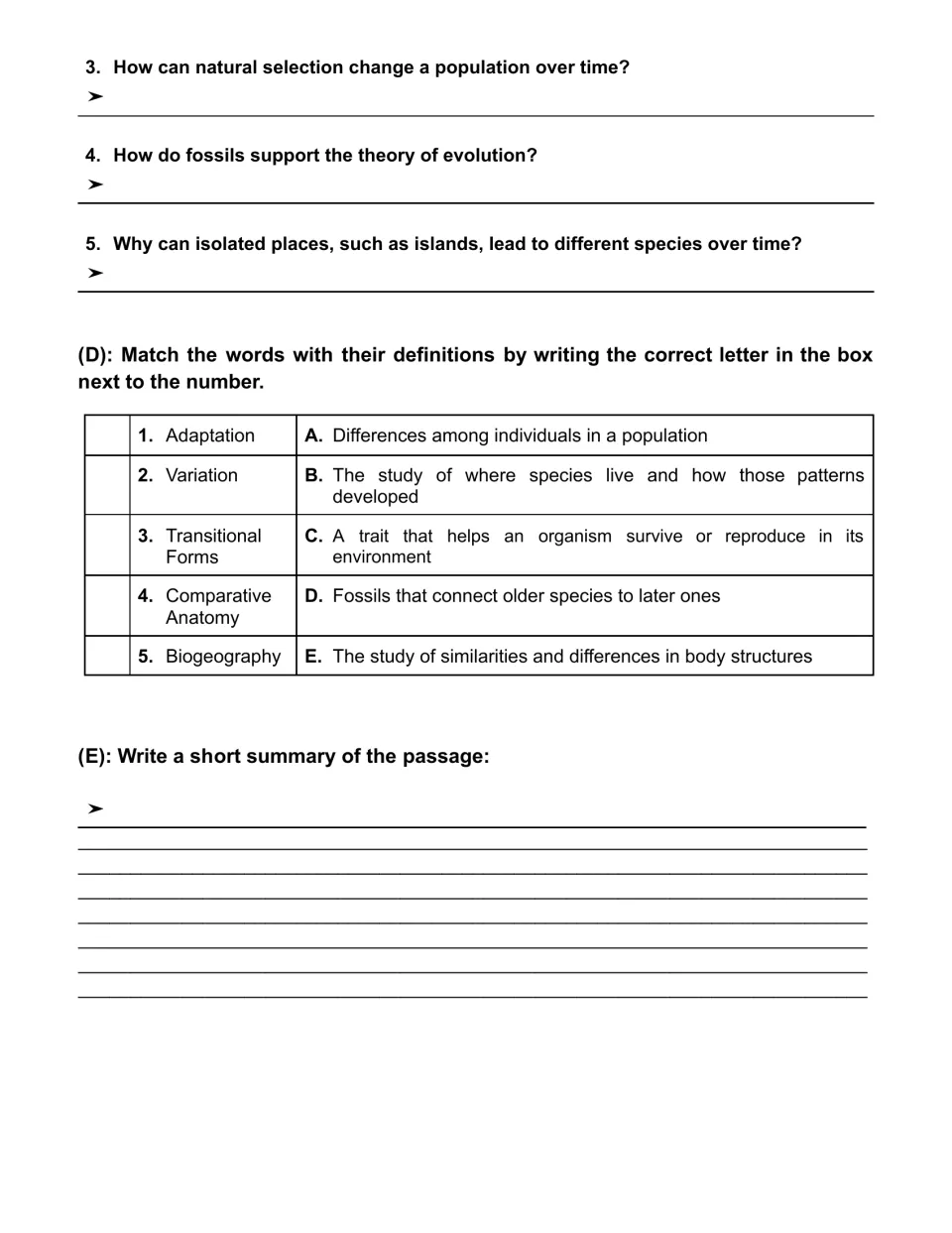 Short answer questions 3 to 5, a vocabulary matching task for adaptation and variation, and a summary writing task