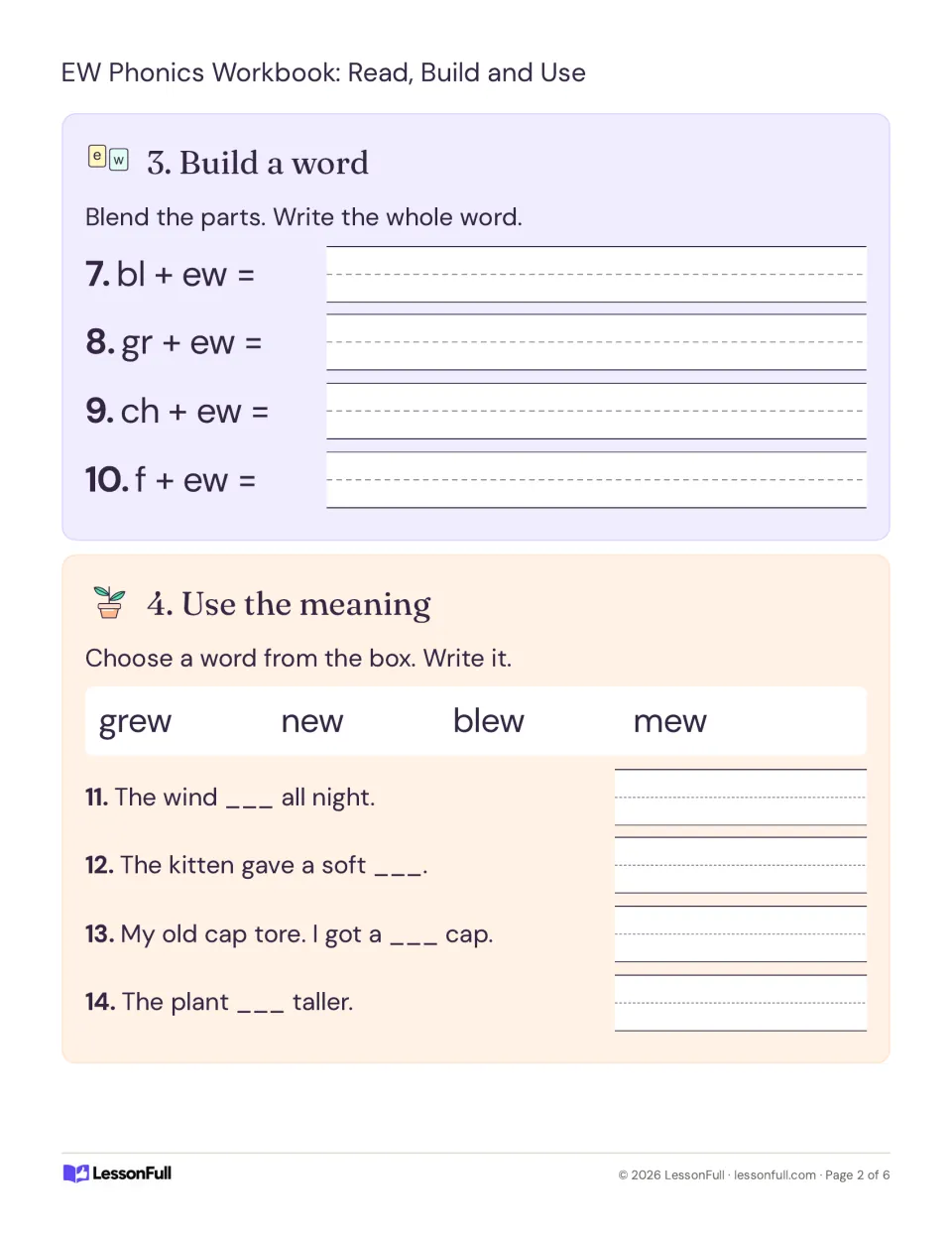 Building ew words from bl, gr, ch and f, then choosing grew, new, blew or mew to complete four sentences.
