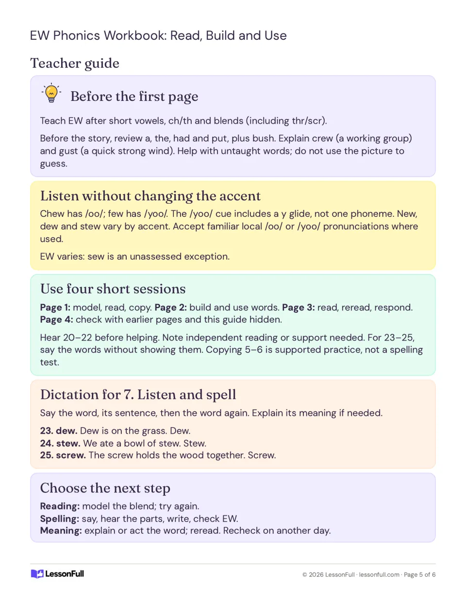 Teacher guide for ew: what to teach first, accent notes for /oo/ and /yoo/, four sessions, dictation words and next steps.