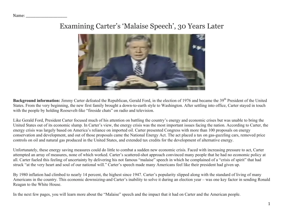 Carter's Malaise Speech, 30 years later: students read background on the energy crisis, inflation and the 1980 election