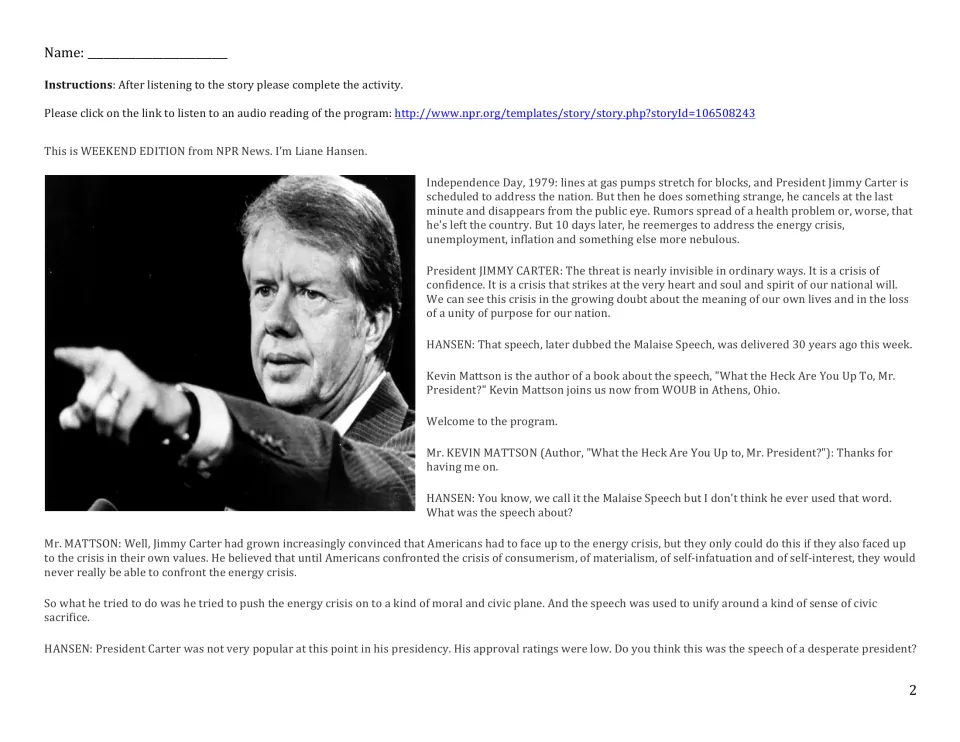 NPR transcript, part 1: Liane Hansen and author Kevin Mattson discuss what Carter's 1979 crisis of confidence speech meant