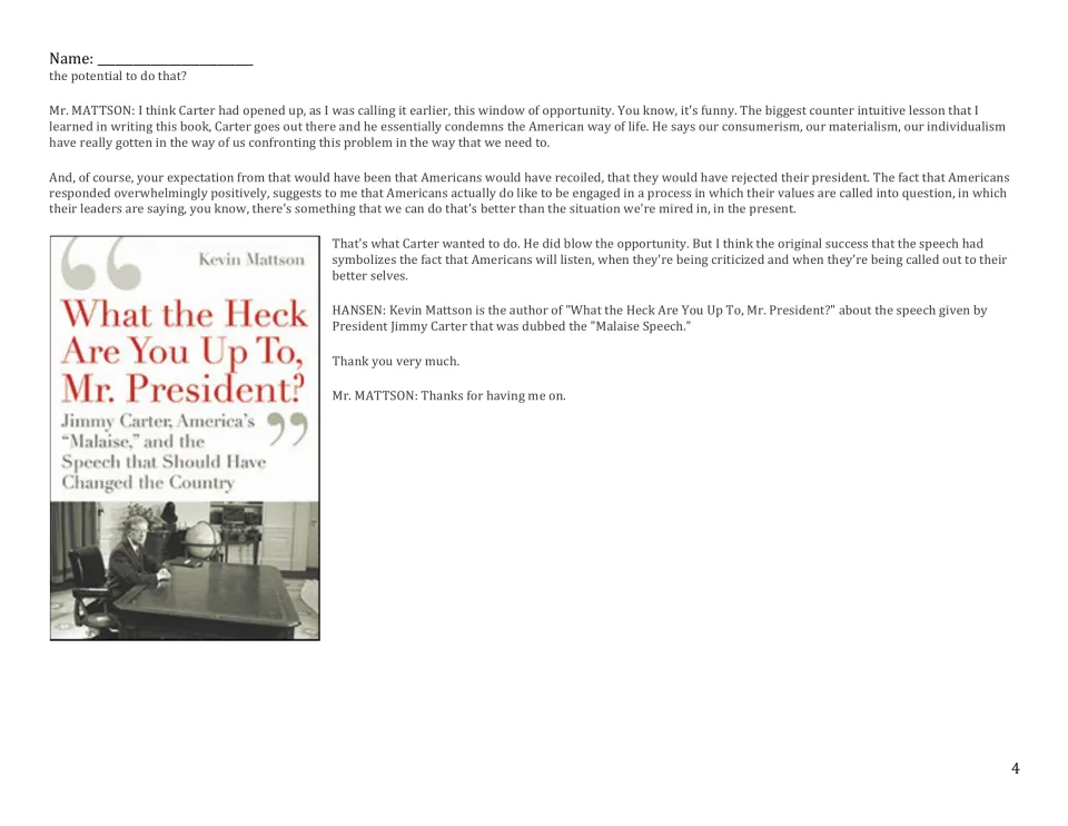 NPR transcript, part 3: Mattson on why Americans responded well to being challenged, shown beside his book cover