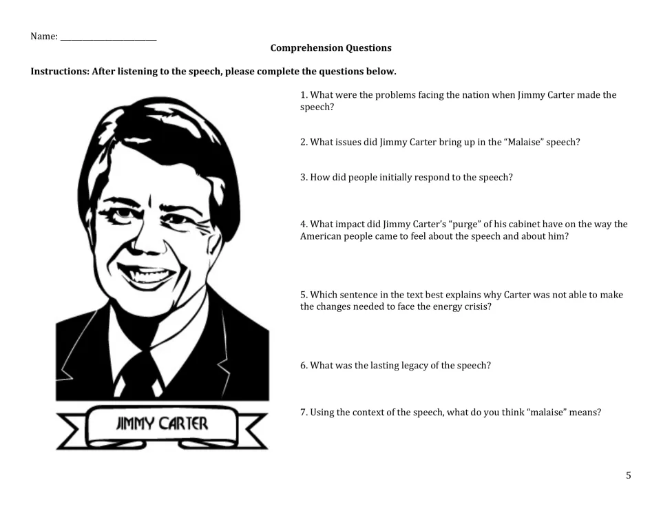 Comprehension questions: students answer 7 questions on the speech's issues, public response, legacy and meaning of malaise