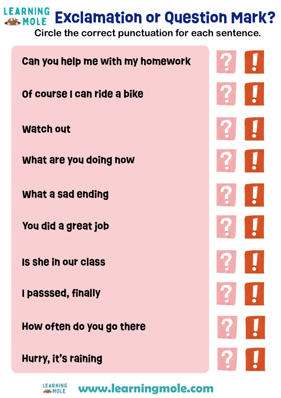 End punctuation practice: students circle a question mark or exclamation mark for 10 sentences, such as Watch out
