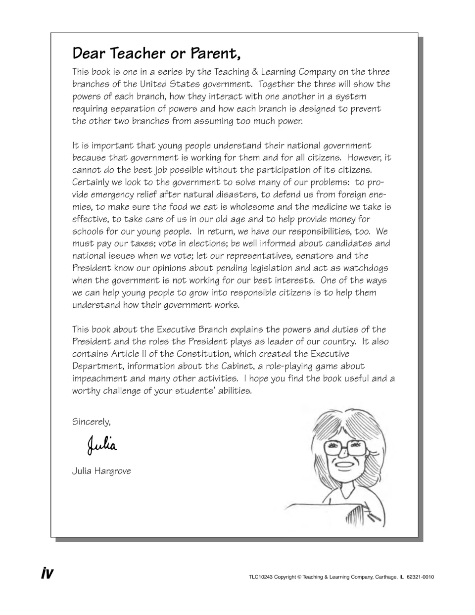 Letter from author Julia Hargrove explaining why students should learn how government works and what this book covers