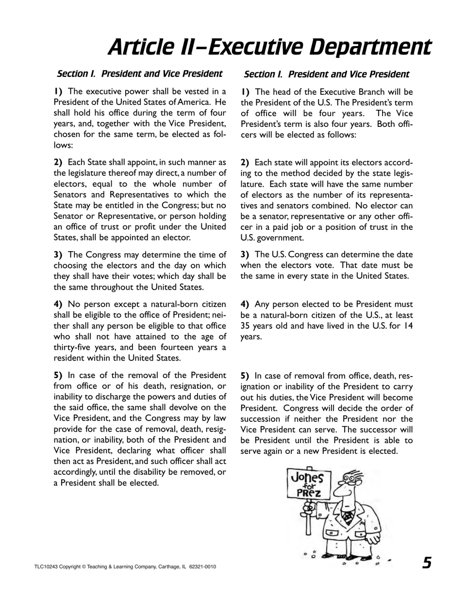 Article II, Section I, original beside plain language: students read on electors, terms, qualifications and succession