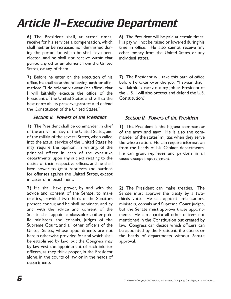 Clauses on presidential pay and the oath, then Section II powers: commander in chief, pardons, treaties, appointments